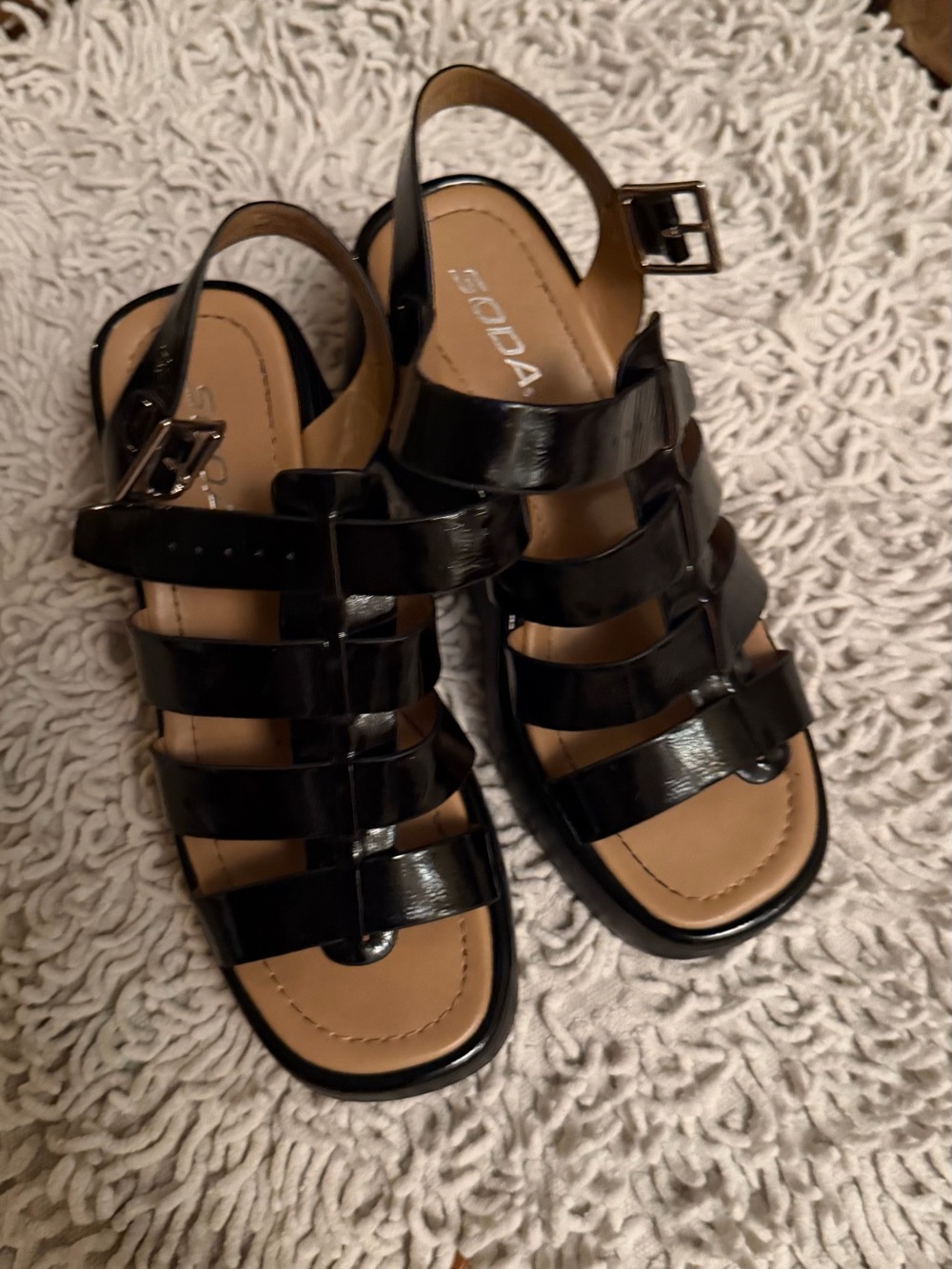 Soda Black Patent Platform Wedge Sandals with Ankle Buckle